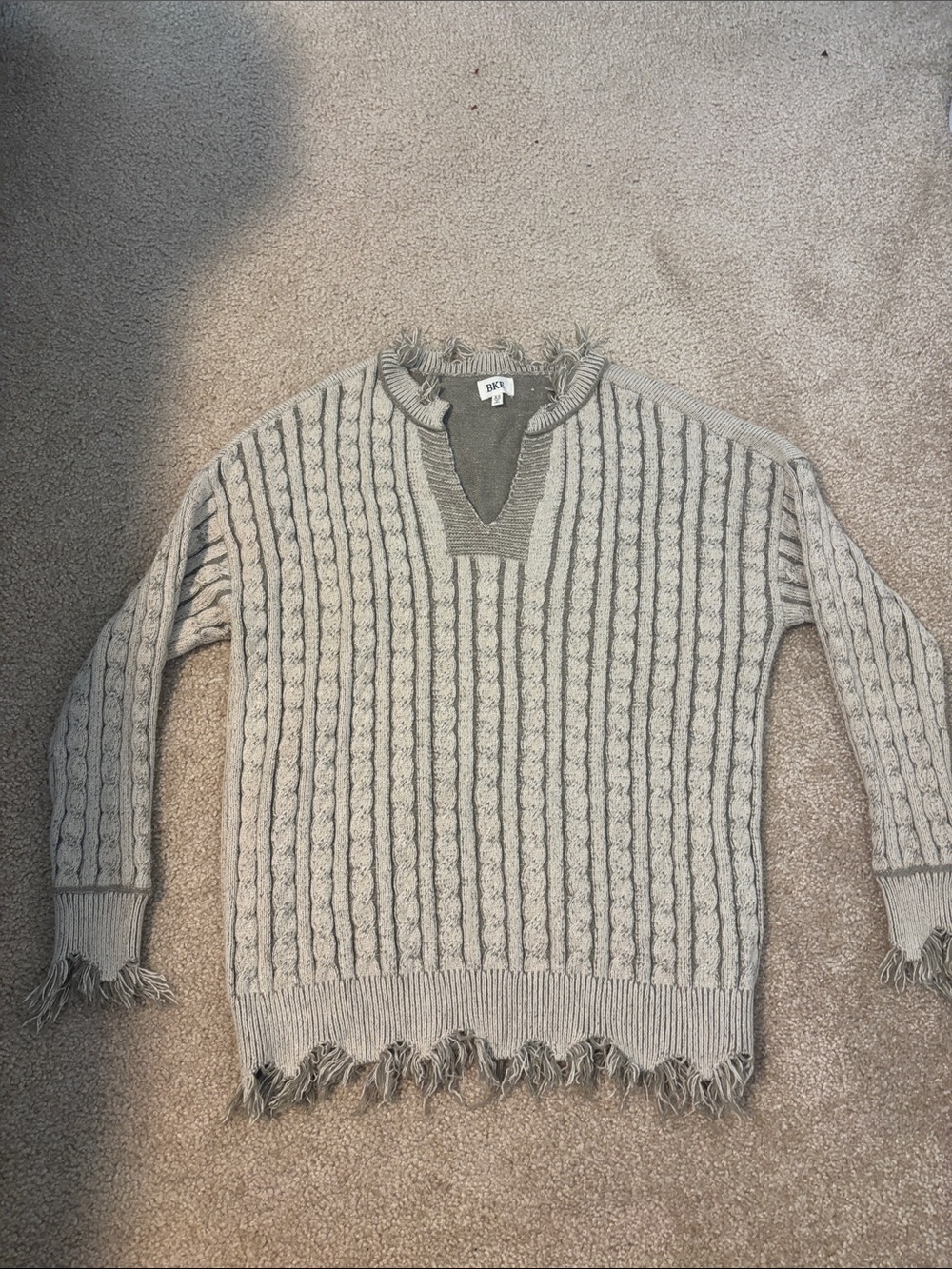 BKE Cable Knit Fringe V-Neck Sweater - Light Gray